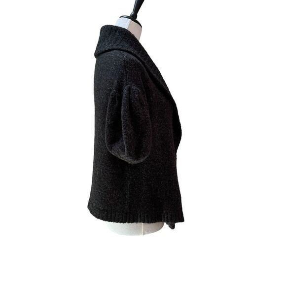 Wool Blend Knit Cardigan Short Puff Sleeves Charcoal Gray Sweater Coat - Picture 2 of 7